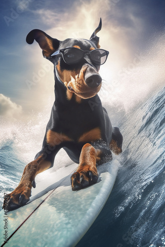 cooler fröhlicher Dobermann Hund mit Sonnenbrille beim surfen auf einem Surfboard im Meer mit großen Wellen beim chillen. Hochformat. Hochkant. Generative Ai.