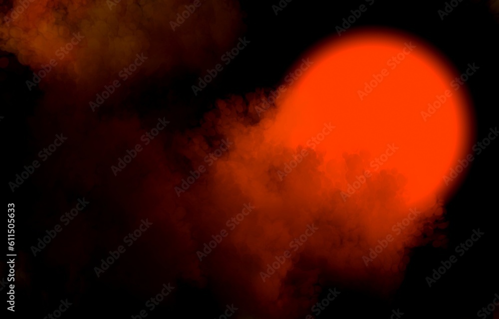 abstract background, glowing burning orange ball with clouds and smoke on black background 