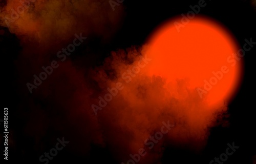 abstract background, glowing burning orange ball with clouds and smoke on black background © Olena