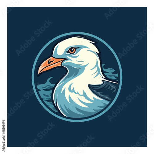 Seagull shaped mascot logo for a seafood company.