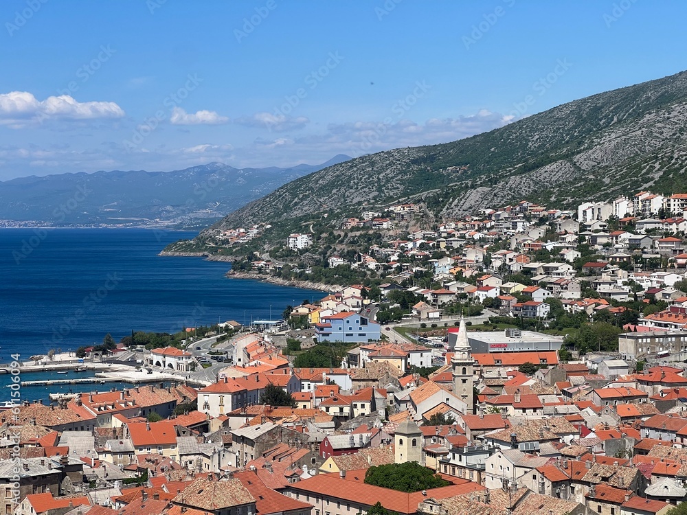 View of the town of Senj in the Kvarner Bay and residential houses on the slopes of Velebit from Nehaj fortress - Croatia (Pogled na grad Senj u kvarnerskom zaljevu i kuće na obroncima Velebia)