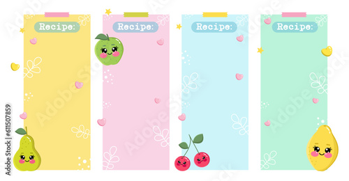 Printable recipe template in vector with cute kawaii fruits lemon, apple, pear and cherry. Stationery for kids with wish list and notes. Scrapbook recipe, notes, diary, page notebook, daily planner