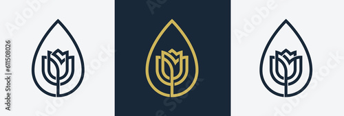 Rose Water Drop Flower Floral Logo Concept icon sign symbol Element Design. Cosmetics, Jewellery, Jewelry, Beauty salon, Boutique, Spa, Tulip Logotype. Vector illustration template