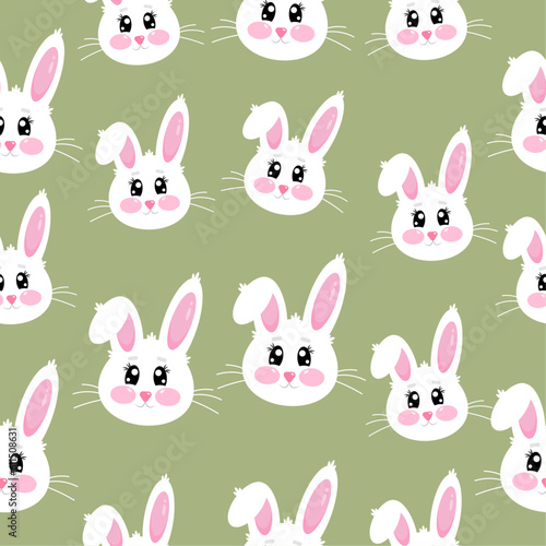 Seamless pattern with happy cute funny kawaii little bunny on green background. Colorful background texture for print  kids  children s clothing  wallpaper  textile  baby fabric
