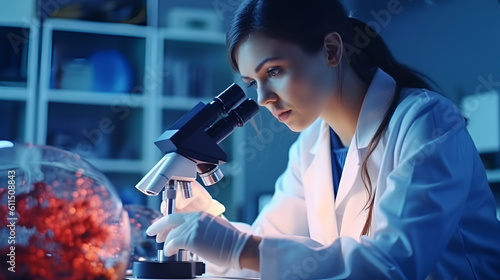 Important research. Serious experienced scientist working with her microscope and wearing a uniform for food advertising and background Generative AI