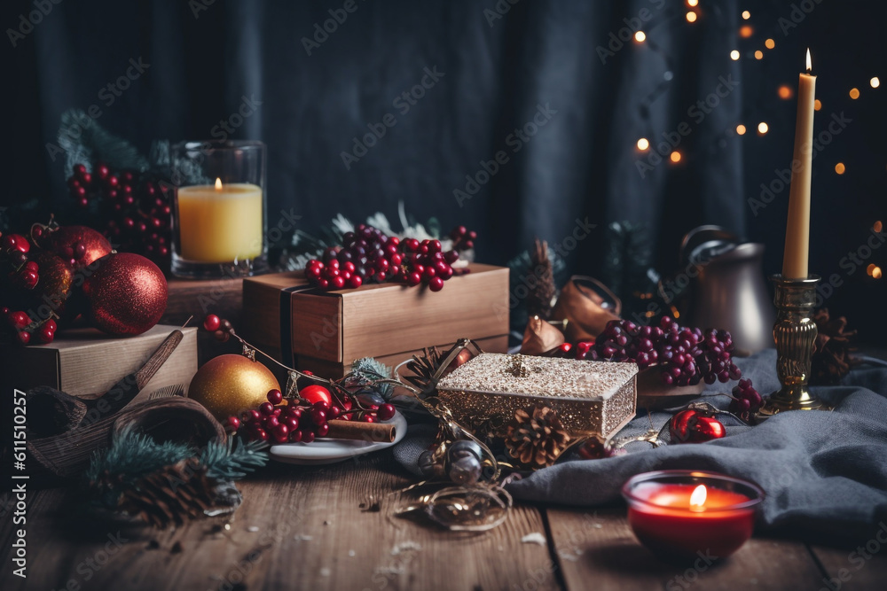 the essence of luxury and elegance at a Holiday Event, gifts and presents are beautifully adorned and arranged, illuminated by a soft and inviting light. Generative AI.