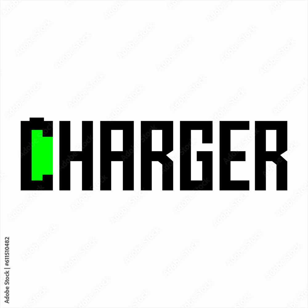 Charger word design with battery symbol on letter C. Charger word design with battery symbol on letter C.