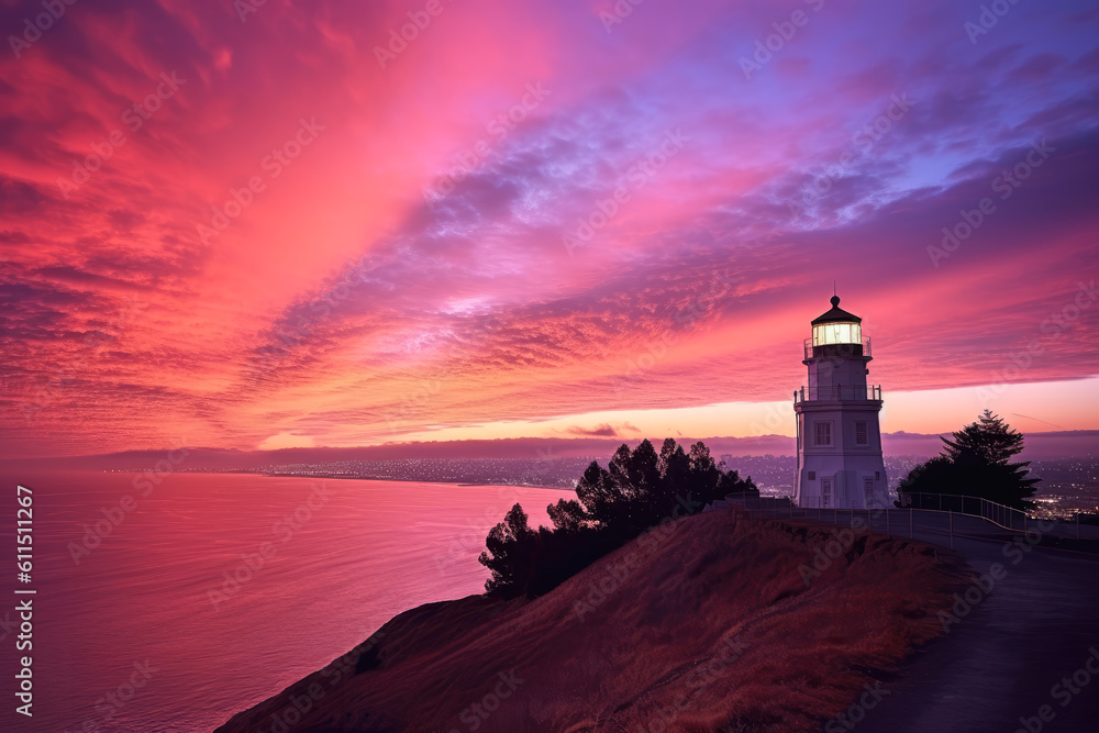 A lighthouse on a hill overlooking the ocean