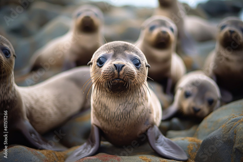 A group of baby sea lions gather around to look at the camera photo