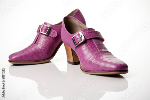 Pair of purple leather heels isolated white background
