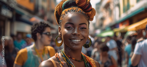 Portrait of a young cute african caribbean woman with colorful dreadlocks on hair smiling at camera. Image generative AI. photo