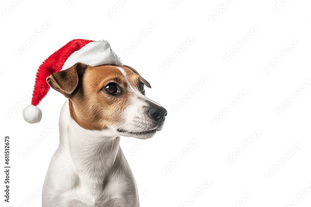 Russell terrier in a Santa Claus hat. Big dog in a red Santa hat. New year or Christmas Banner with dog and red new year hat copy cpace. Generative AI