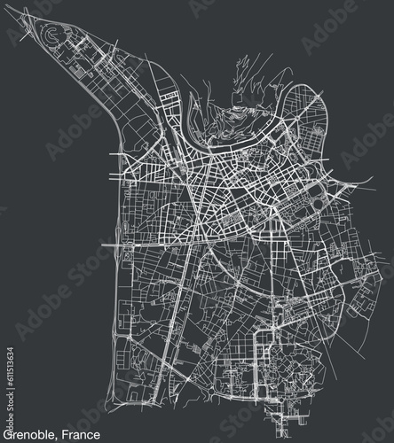 Detailed hand-drawn navigational urban street roads map of the French city of GRENOBLE, FRANCE with solid road lines and name tag on vintage background