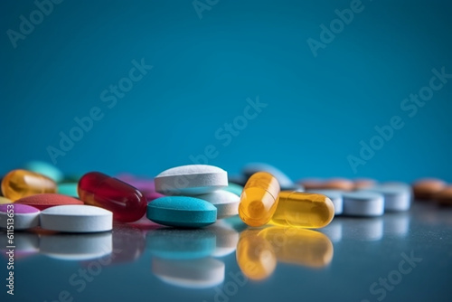 Assorted pills, capsules, Pharmaceutical drugs on blue background with copy space Generative AI