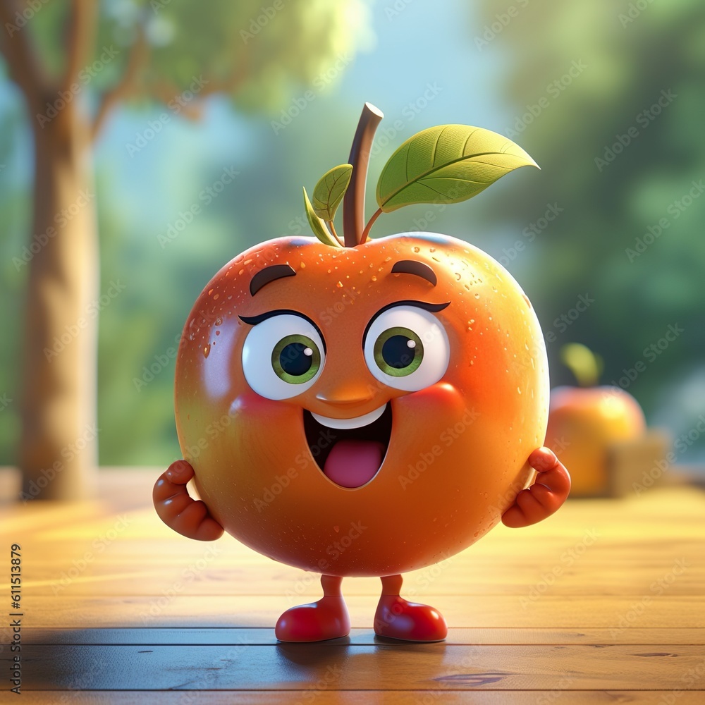 Cute Cartoon Apple Character 3D Rendered