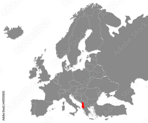 Map of Albania highligted with red in Europe map