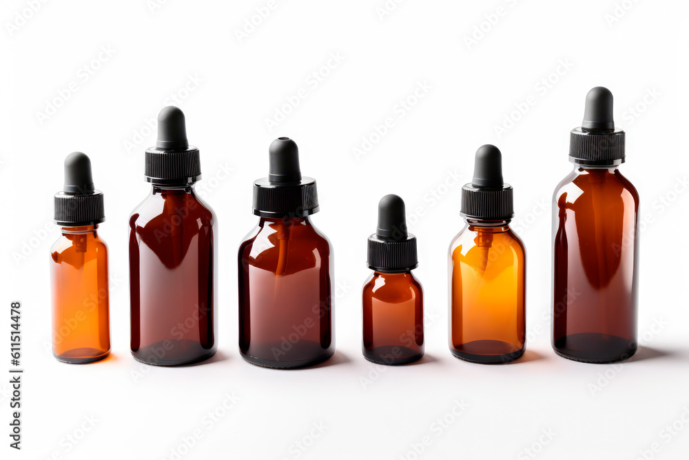Essential oil in glass bottles isolated on white background. Generative AI