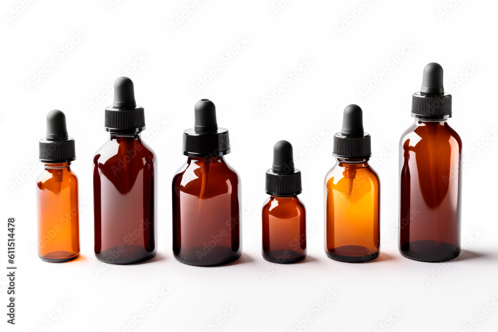 Essential oil in glass bottles isolated on white background. Generative AI Essential oil in glass bottles isolated on white background. Generative AI