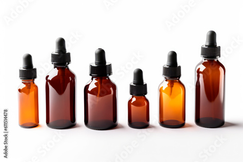 Essential oil in glass bottles isolated on white background. Generative AI