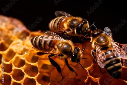 Close up view of the working bees on honeycells. Macro photography of bees on honeycells. Generative AI