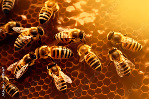 Close up view of the working bees on honeycells - selective focus, copy space. Generative AI