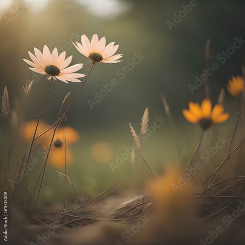 Beautiful daisies in the meadow at sunset. Vintage style. generative ai