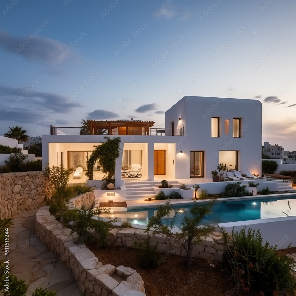 White holiday villa with pool, generative ai
