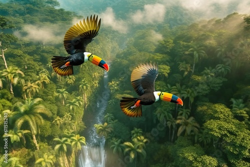 Toucans flying on a tropica...