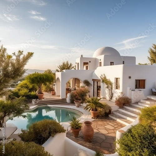 White holiday villa with pool, generative ai © FrankBoston
