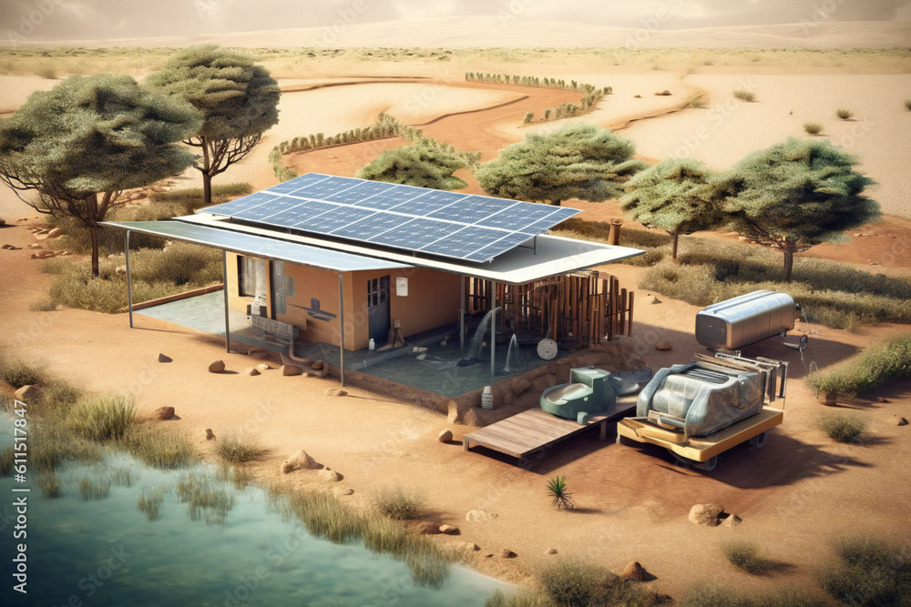 Obraz premium Power of the Sun with Photovoltaic Panels: Embrace Solar Energy and Eco-Friendly Solutions! Explore the World of Photovoltaics, Unlocking the Potential of Solar Power and Clean Energy, Generative Ai