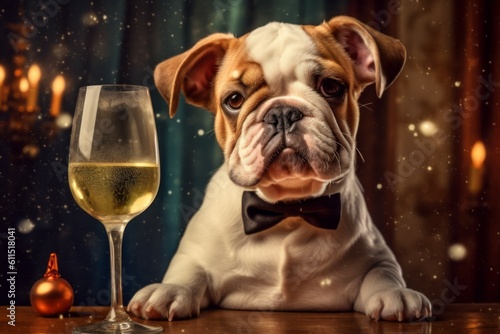 Cute puppy with a glass of champagne or sparkling wine. AI generated, human enhanced © top images