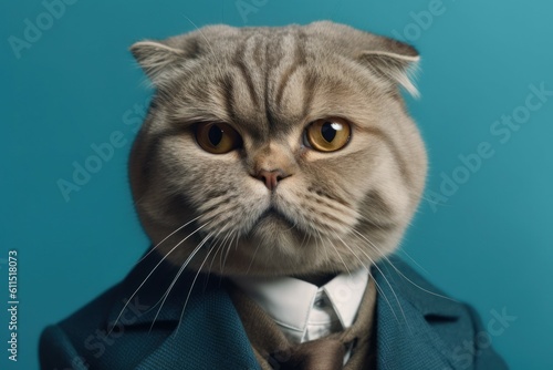 Anthropomorphic cat Scottish fold dressed in a suit like a businessman. business concept. AI generated, human enhanced © top images