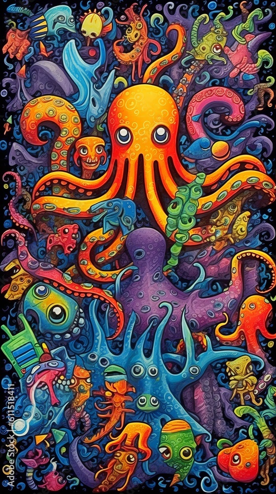 Octopus and sea life. Generative AI
