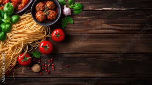 ingredients for cooking paste wooden background top view mock up