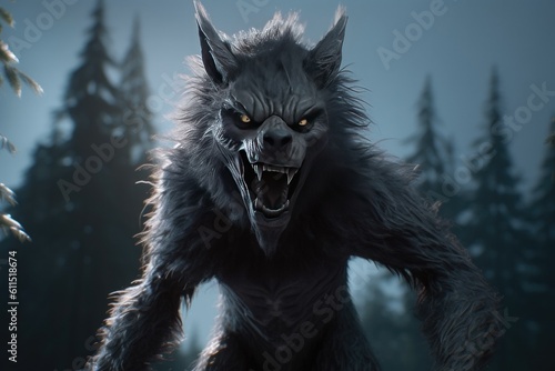 Scary Werewolf in a Dark Forest for Halloween. Generative AI