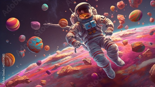 Fototapeta Naklejka Na Ścianę i Meble -  Flying Astronaut or spaceman on candy outer space