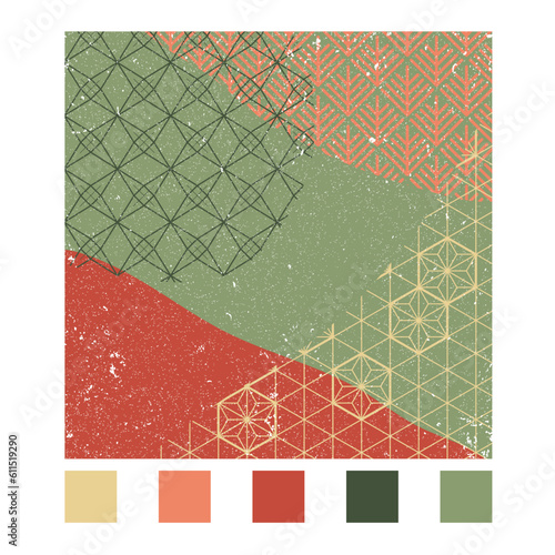Japanese pattern vector with geometric background in Green and red tones for cover page, template, postcard, poster.