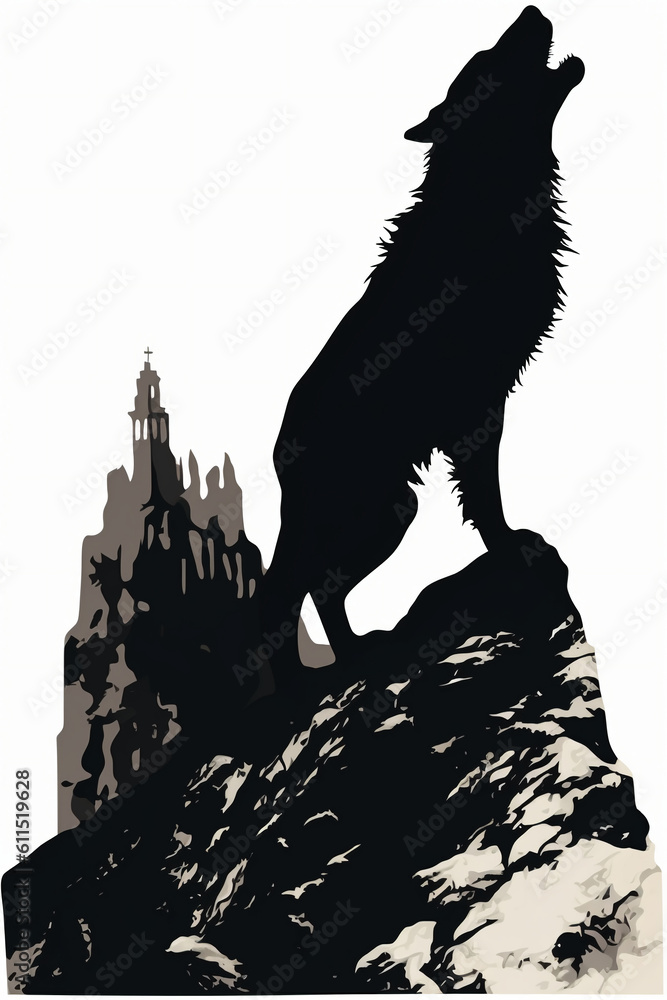 A wolf silhouette howling over a hill with a white background. AI generative A wolf silhouette howling over a hill with a white background. AI generative