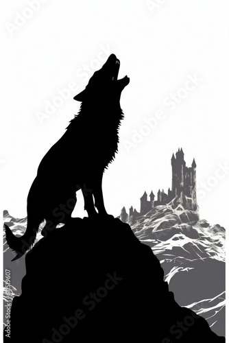 A wolf silhouette howling over a hill with a white background. AI generative