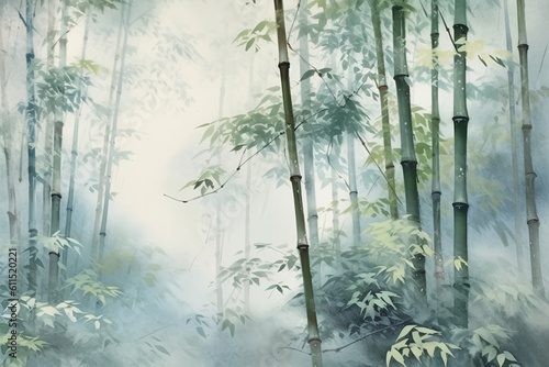 Bamboo forest, misty and serene. AI generative