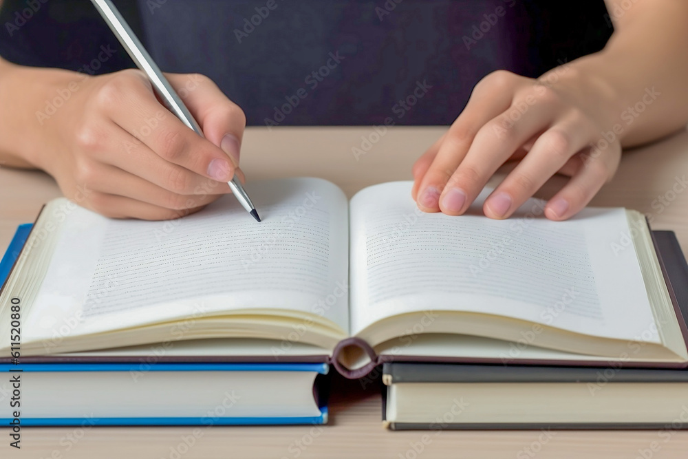 Uma pessoa sentada em uma mesa de escritório, com um livro aberto e uma caneta na mão. A pessoa está focada em seu estudo e o ambiente é limpo e organizado Uma pessoa sentada em uma mesa de escritório, com um livro aberto e uma caneta na mão. A pessoa está focada em seu estudo e o ambiente é limpo e organizado