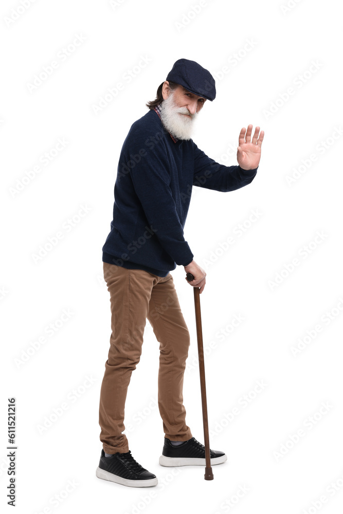 Senior man with walking cane waving on white background Senior man with walking cane waving on white background