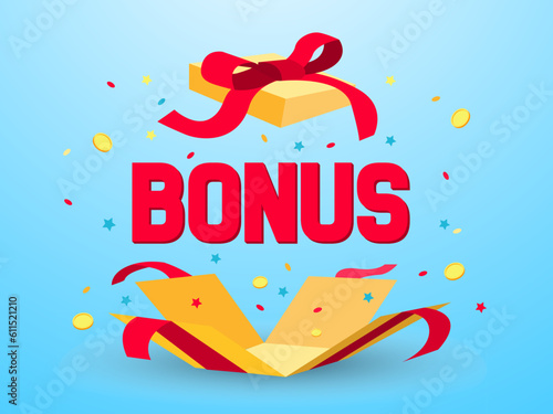 Open gift box, word bonus and confetti symbolizing winning of special prize. Illustration on light blue background