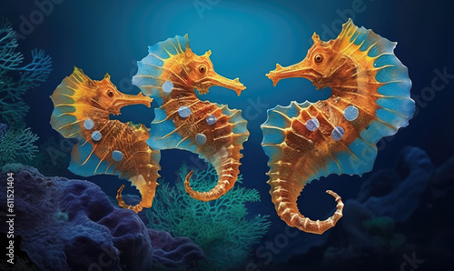 seahorse (Hippocampus) swimming in the deep ocean