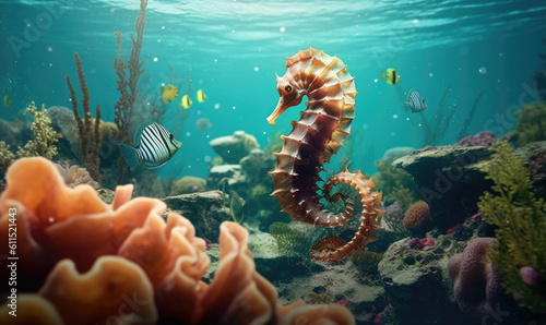 seahorse (Hippocampus) swimming in the deep ocean
