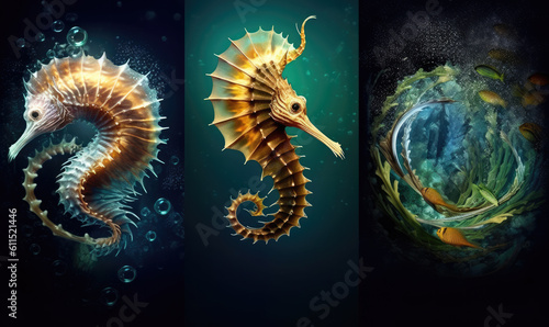 seahorse (Hippocampus) swimming in the deep ocean © STORYTELLER AI