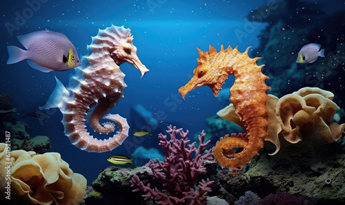 seahorse (Hippocampus) swimming in the deep ocean © STORYTELLER AI