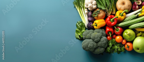 Frame of organic food. Fresh raw vegetables on pastel background