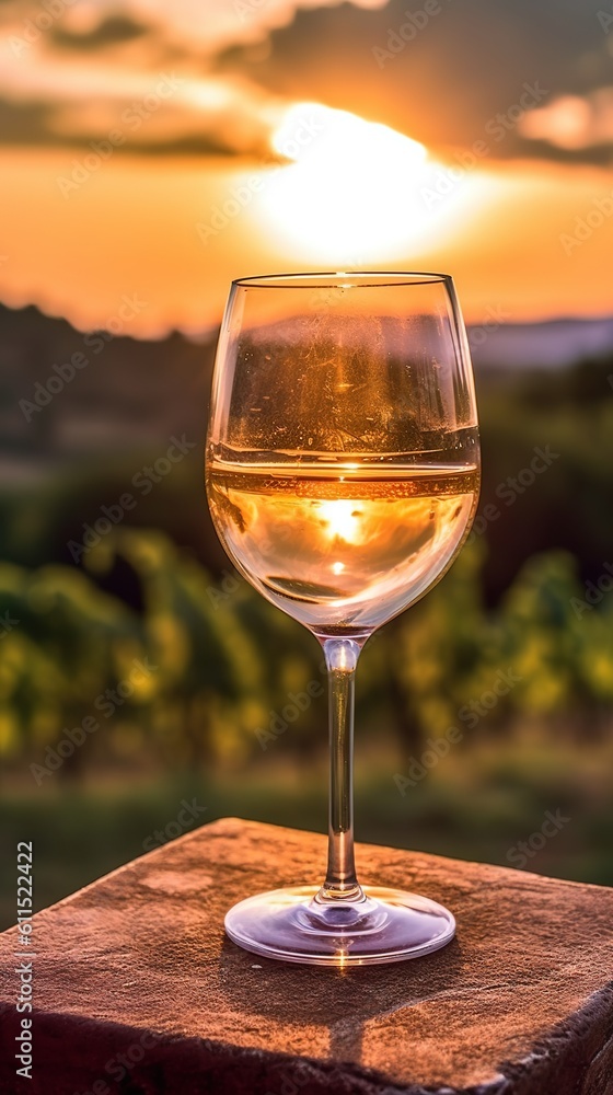 Close up of a Wineglass, Background of a Campaign, Farmland and the Sunset, Commercial Photography. Generative AI.