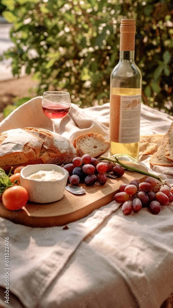 Picnic inside the Nature, Campaing, Trees, Grapes and other Fruits inside and near the Basket. Generative AI. Picnic inside the Nature, Campaing, Trees, Grapes and other Fruits inside and near the Basket. Generative AI.